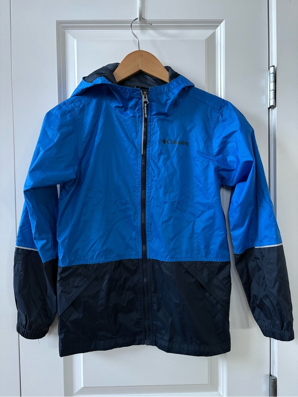 Columbia Boys' Blue Hooded Rain Jacket Windbreaker Medium 10-12